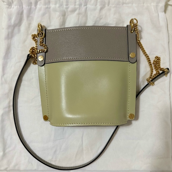 Shiny Calfskin Goatskin Mini Aby Bi-Color Bucket Light Eucalyptus - Picture 8 of 12